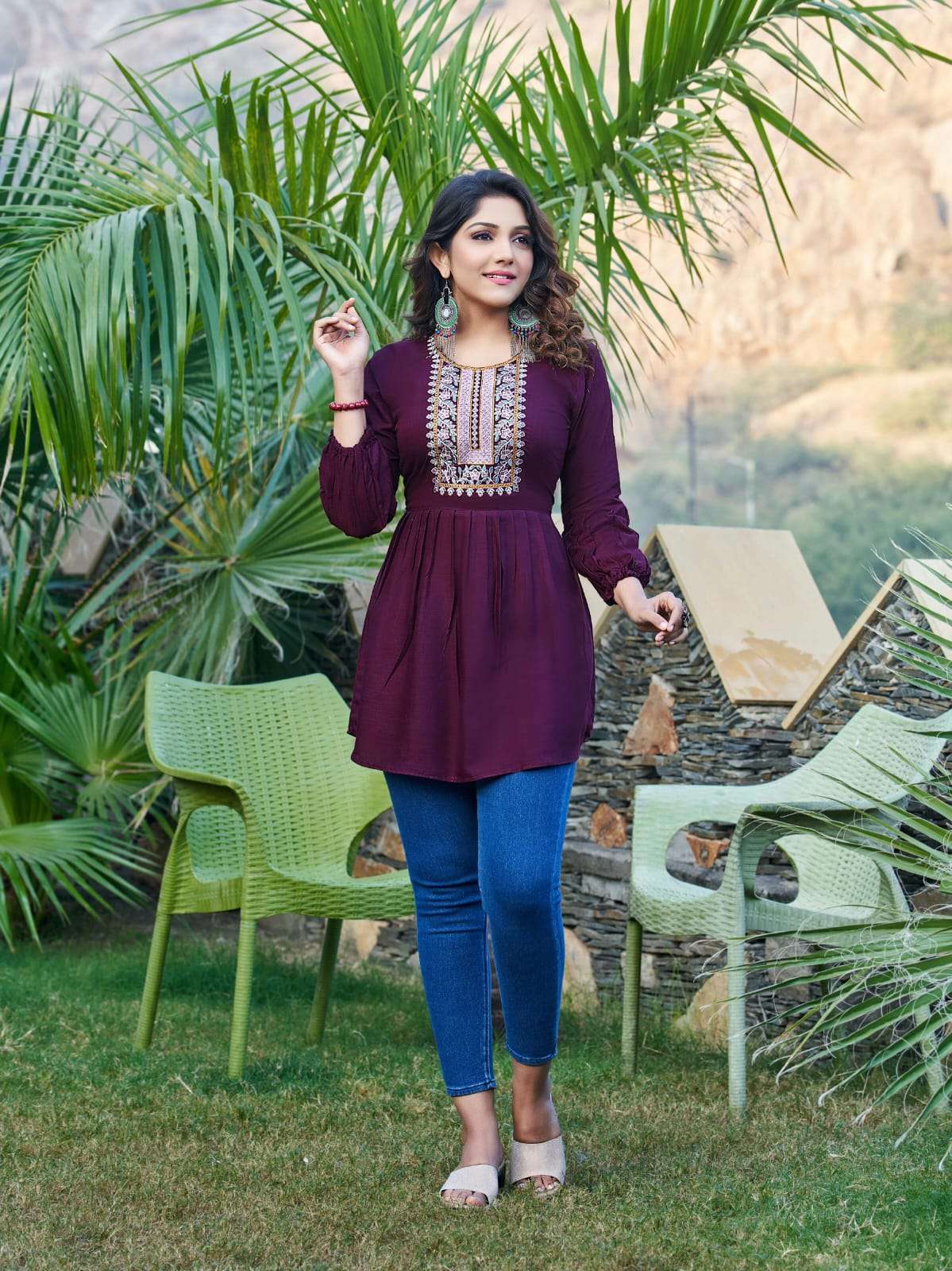 BUBBLY VOL 09 BY TIPS & TOPS BRAND PRESENTS HEAVY RAYON SLUB WITH HEAVY EMBROIDERY WORK WESTERN SHORT TOP WITH 34TH SLEEVES-1002